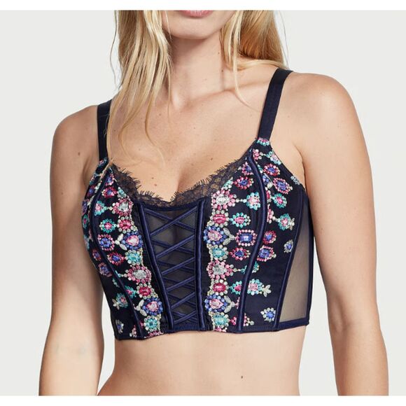 NWT VICTORIA'S SECRET Unlined Bejeweled Embroidery Corset Top Noir Navy Size XS - Picture 1 of 5